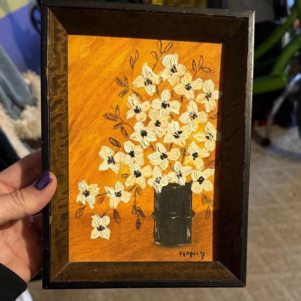 Vintage Floral Art Print with Black Frame 70’s oil